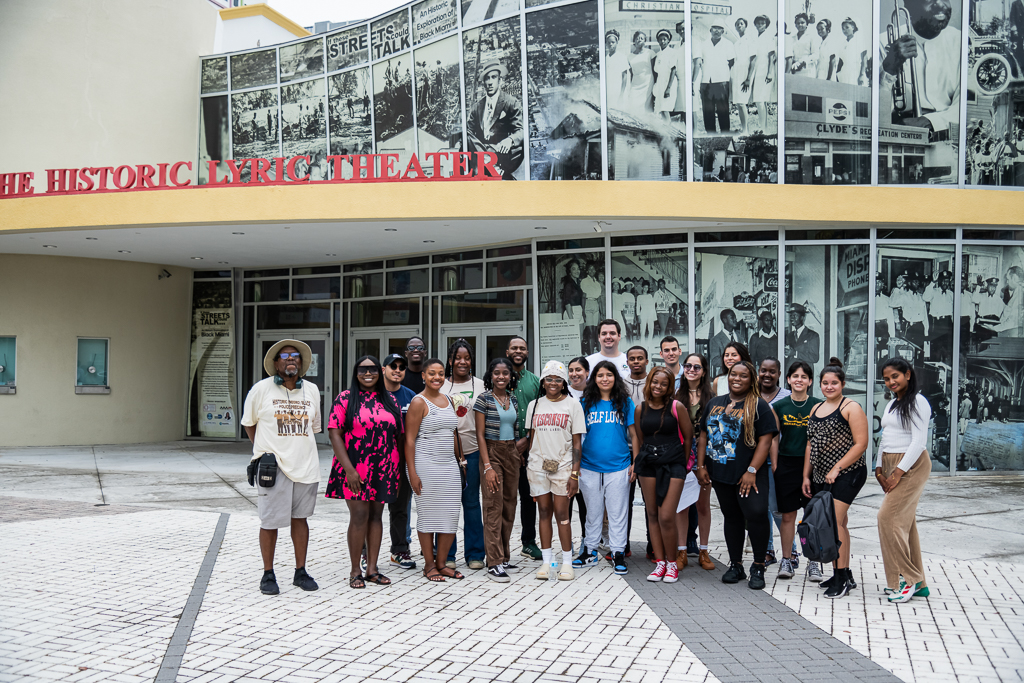 AYLF 2023-24 Miami cohort and program facilitators in front of the historic Lyric Theatre in Miami, September 2023.